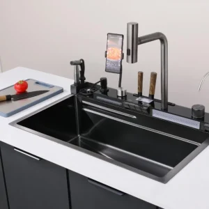 Lavaplatos de Lujo 75×46 cm Negro Mate con Estación Multifuncional